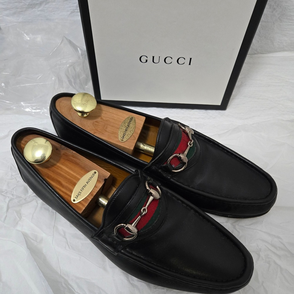Gucci Mens Horsebit Web Stripe Leather Loafers Black 9.5 D Made in Italy